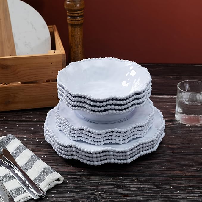 12-Piece White Beaded Melamine Dinnerware Sets – Chip-Resistant Plates & Bowls, Farmhouse Dining Set includes 4 dinner, 4 Salad and 4 Bowl – Ideal for RV, Cabin, Daily Use