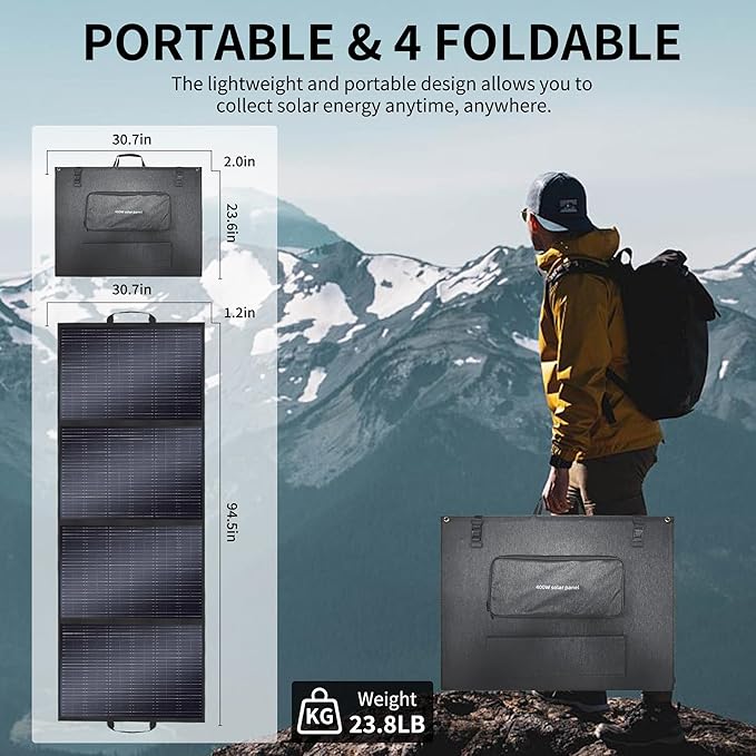 400W Portable Solar Panel, Lightweight Foldable Solar Panel with Adjustable Kickstand, Suitcase with Handle, Solar Charger for Camping, Outdoor Activities