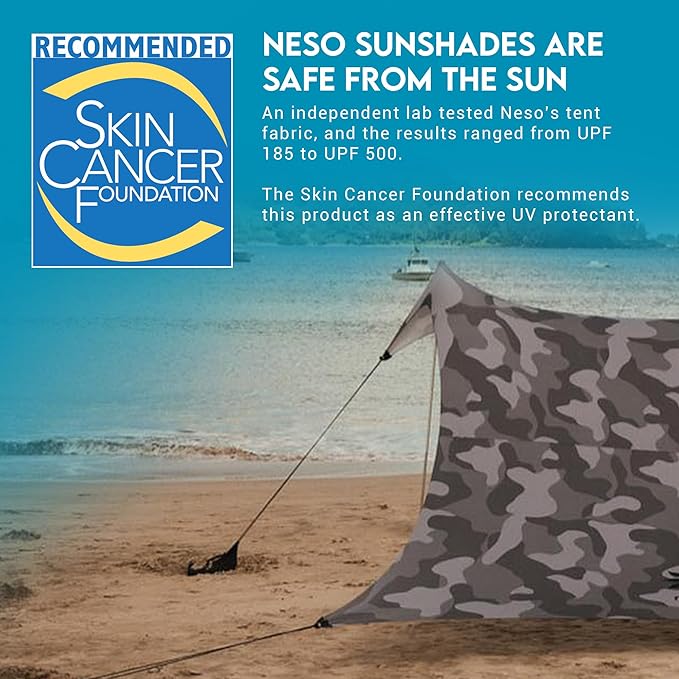 Neso Gigante Portable Beach Tent Sun Shelter - Lightweight Beach Shade Canopy - Easy Setup for Family Outings - Patented Reinforced Corners - UPF 50+ Sun Protection - 8ft Tall, 11 x 11ft - Grey Camo