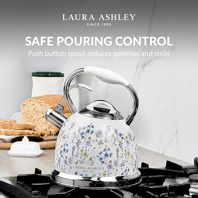 VQ Laura Ashley Wild Meadow 2.5L Stainless Steel Tea Kettle Stovetop Whistling Teapot for Induction, Gas Hob or others. Silicon Coated Cool Handle & Push Button Mechanism Vintage Stove Top Kettle