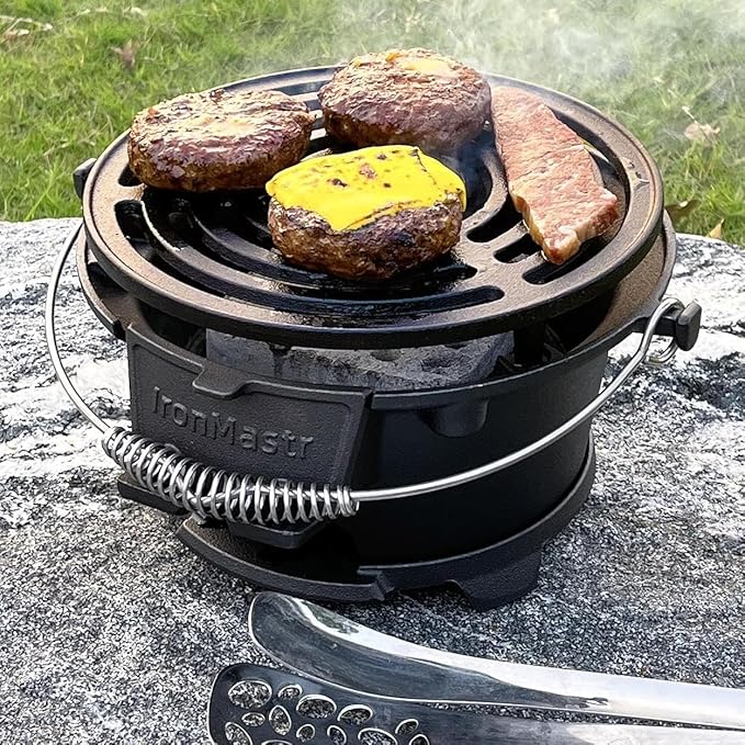 Round Mini Hibachi Grill Outdoor, Portable Small Charcoal Camping Barbecue Grill, 100% Cast Iron, Durable - Coal Door, Draft Door, Ideal for 2 People