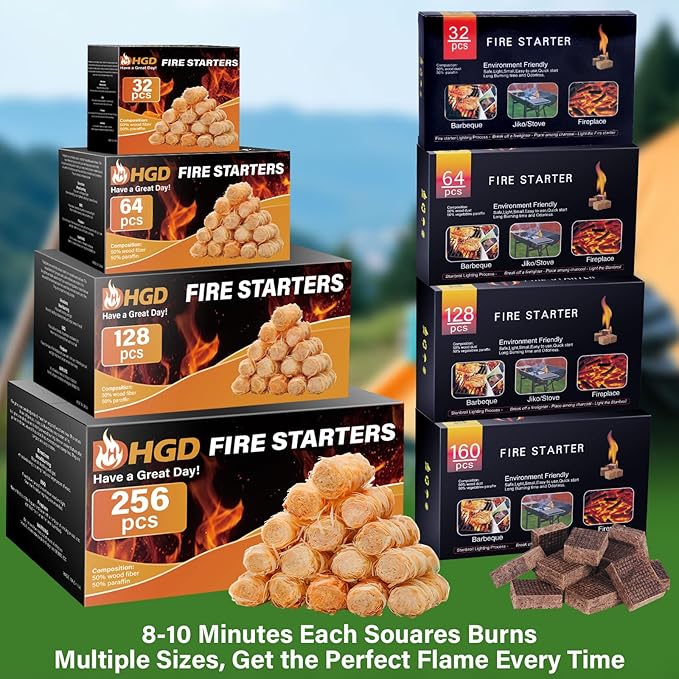 HGD Fire Starter, Mini Natural Fire Starters for Campfires, BBQ Grill, Charcoal Chimney, Outdoor Pit, Indoor Fireplace, Wood Stove - Water Resistant Firestarter Sticks - Camping Accessories Essentials
