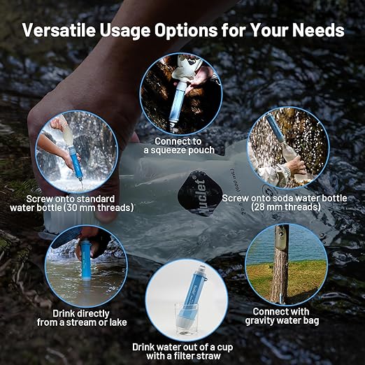 Gravity Water Filter System for Hiking, Camping, Travel, and Emergency Preparedness (1 Gravity Bag, 4 Water Filter Straw, 5 Squeezable 20-Oz Water Pouch)