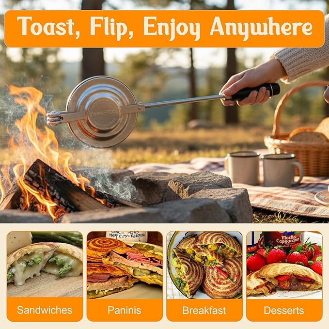 Handheld Sandwich Maker, Classic Sandwich Grill & Panini Press, Cast Aluminum Pie Iron, Retro 1945 Stovetop & Campfire Toaster for Hot Sandwiches, Pies, Paninis, RV & Camping