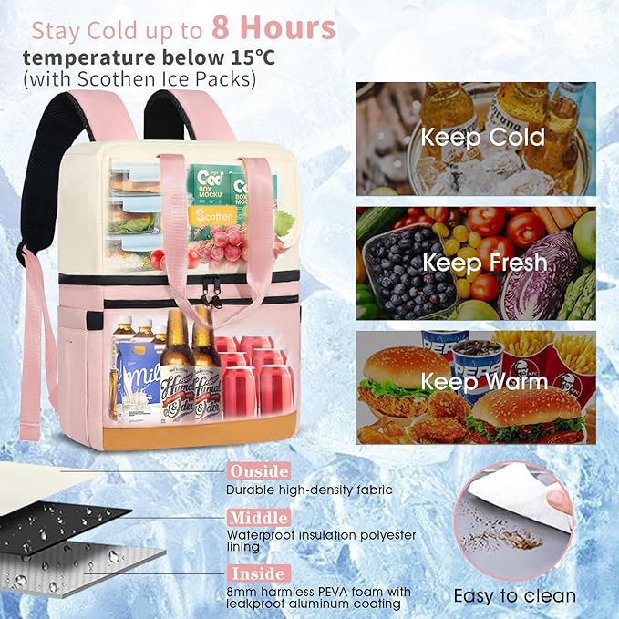 Backpack Cooler with Double Decker & 12 Ice Packs- Keeps 36 Cans Cold for Up to 24 Hours- Waterproof & Leak Proof Insulated Cooler Backpack- Stylish Cooler Bookbag for Women Travel Work Beach