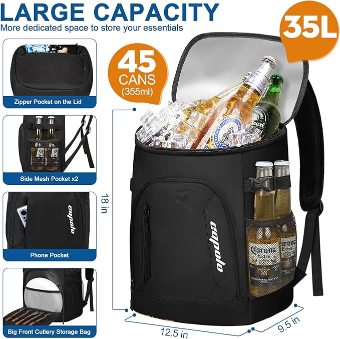 Capolo Cooler Backpack for Men Women Insulated Backpack Cooler Leak Proof Thermal Bag Beverage Soft Cooler Bag Lunch Backpack for Camping 30/45 Cans