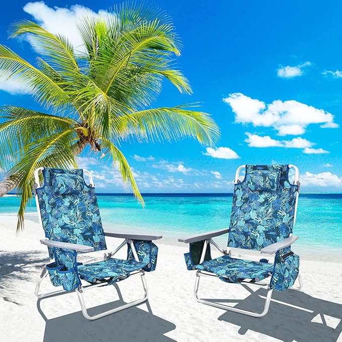 COSTWAY Backpack Beach Chairs, 4-Pack Portable Camping Chairs with Cup Holder, Ice Bag, 5-Position Outdoor Reclining Chairs for Adults, Travel, Sunbathing, Support 300 LBS, Navy