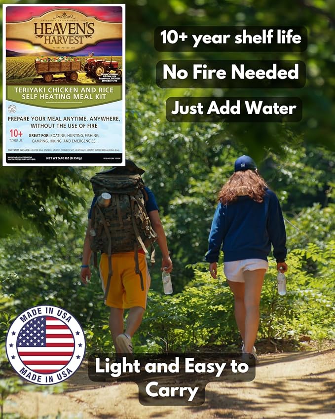 Heaven's Harvest Self-Heating Emergency Meal Kit (10 Year Shelf Life) — Tastier than MRE Meals & Ready-To-Eat in Minutes! Just add water to activate the “cooking” process. (Teriyaki Chicken) (6-Pack)