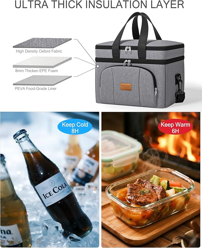Rnivvi Lunch Box for Men, Double Decker Insulated Cooler Bag Lunch Bag Reusable Leakproof Tote Lunch Container with Strap for Work Family Picnic Hiking Camping, 18 Cans 12L, Large Adults, Gray