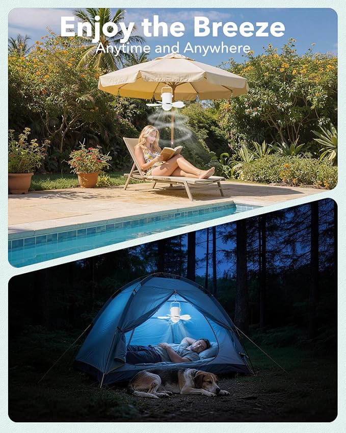 Ceiling Fan Light, Portable Battery Gazebo Fan with Remote Control & Fast Charging Cable, Rechargeable Wireless Camping Fan Outside, for Outoor Tent Porch Canopy Pergola RV Travel
