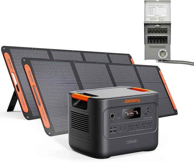 Jackery HomePower 3000 Portable Power Station and Transfer Switch with 2X 200W Panels, 3600W (7200W Surge), 3072Wh LFP Battery, USB-A/C, Home Backup & Emergencies, Grey