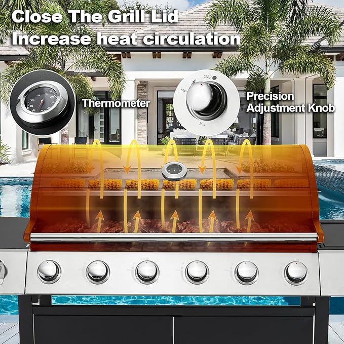 MELLCOM Upgraded 60,000 BTU Stainless Steel Burner Barbecue Grill, 6 Burner BBQ Propane Gas Grill with Side Stove & Cast Iron Grates for Patio, Camping, Outdoor Cooking
