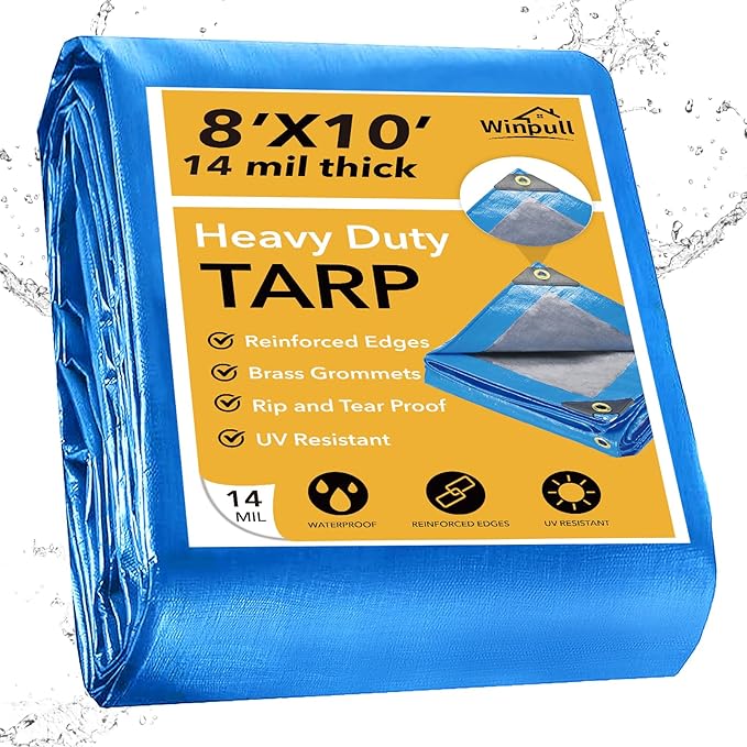 Tarp 8x10 Feet 14 Mil Heavy Duty Waterproof Tarp, Large Multipurpose Cover with Brass Grommets and Reinforced Edges, UV Resistant Thick Poly Tarps for Outdoor Camping Tent Pool Car, Blue