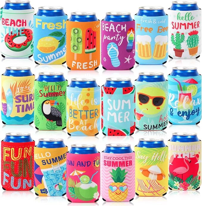 18 Pack Funny Can Cooler Sleeves Beer Drink Can Bottle Cooler Sleeves Cooler Collapsible for Summer Holiday Beach Themed Party Decorations Supplies Favors