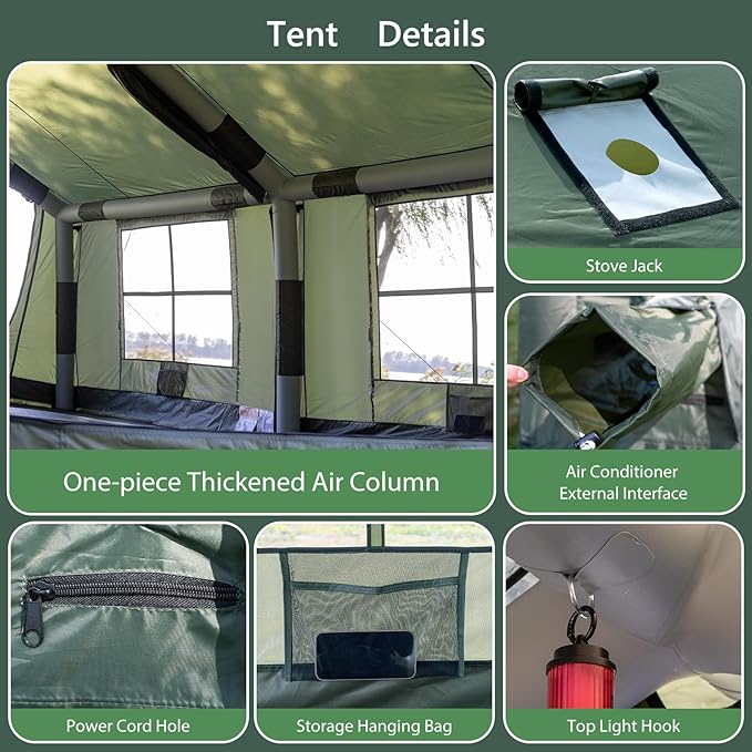 Oxford Inflatable Tent for Camping with Hand Pump, 4 Season Glamping Tents with Stove Jack for 8-12 Person, Waterproof Outdoor Party Camping Festival