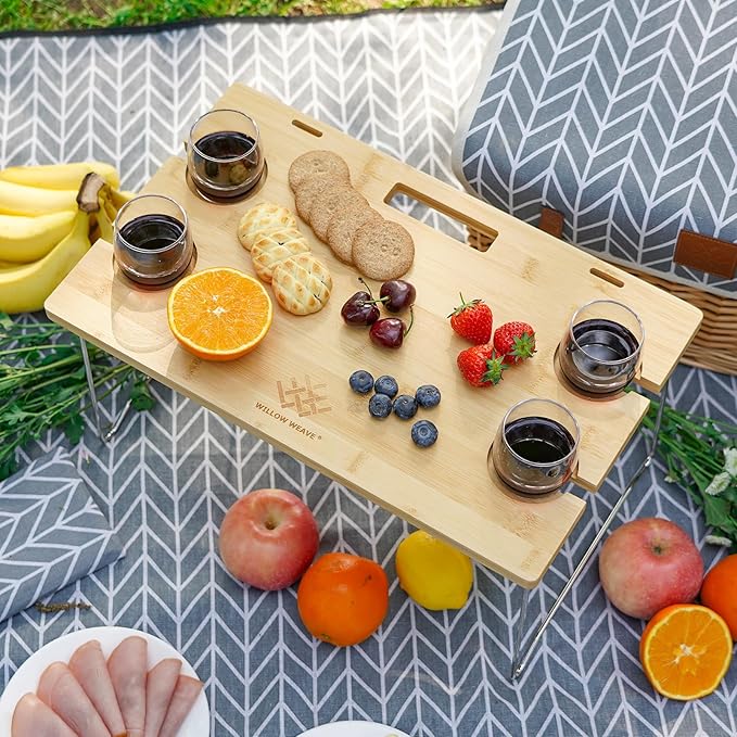 Luxury Picnic Basket, Wicker Picnic Basket Set for 4, Picnic Basket with Blanket & Portable Table for Camping and Outdoor Party - Gray