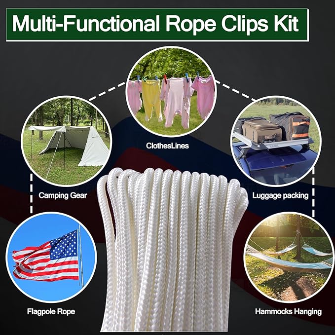 Upgraded Flag Pole Rope Clips Kit 100Ft,5/16” Flag Halyard Rope with Sturdy Swivel Snap Hooks,Heavy Duty Utility Rope for Pet Camping Tent Hardware Accessories Flagpole Line Replacement Set (100ft)