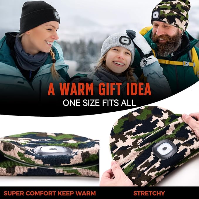 Unisex Beanie Hat with Light, Rechargeable Headlamps Cap, Gifts for Men, Hiking, Camping headlamps, Cool Gadget Birthday Gifts for Men, Women, Dad, Father, Boyfriend, Camouflage