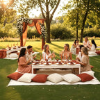 91 x 71 Extra Large Outdoor Boho Picnic Blanket with Terracotta Table Runner, 6 Throw Pillow Covers 6 Napkins Woven Cotton Yarn Oversize Beach Blanket Washable Picnic Camp Wedding