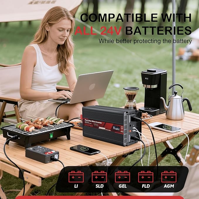 2000W Power Inverter 24V to 110V 120V AC Pure Sine Wave Inverter for RV Truck Camping,Outdoor Off-Grid Power Converter with LCD Display,Wired Controller,AC Outlets USB Ports(24V-2000Watts)