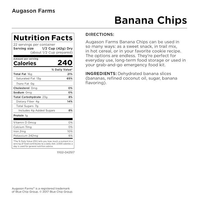 Augason Farms Sweetened Banana Chips Emergency Food Supply, 31 Servings, 10 Year Shelf Life, Great for Cooking, Baking, and Snacks - Dehydrated Meals, Survival Food Camping Essentials Can