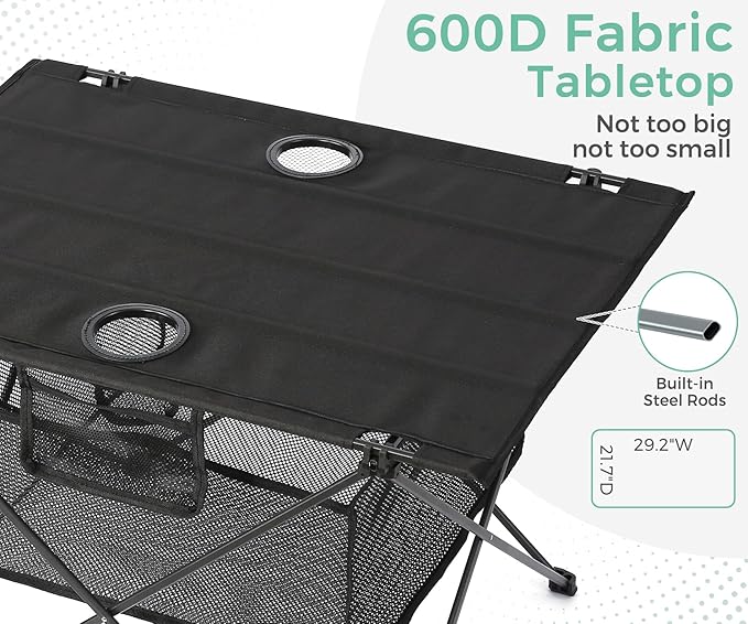 Lightweight Camping Table - Portable Folding Beach Side Table w/2 Cup Holders & Large Storage Basket, Compact Fold for Tailgate Travel Outdoor Fishing Picnic | 29.2" W x 21.7" D (Black)
