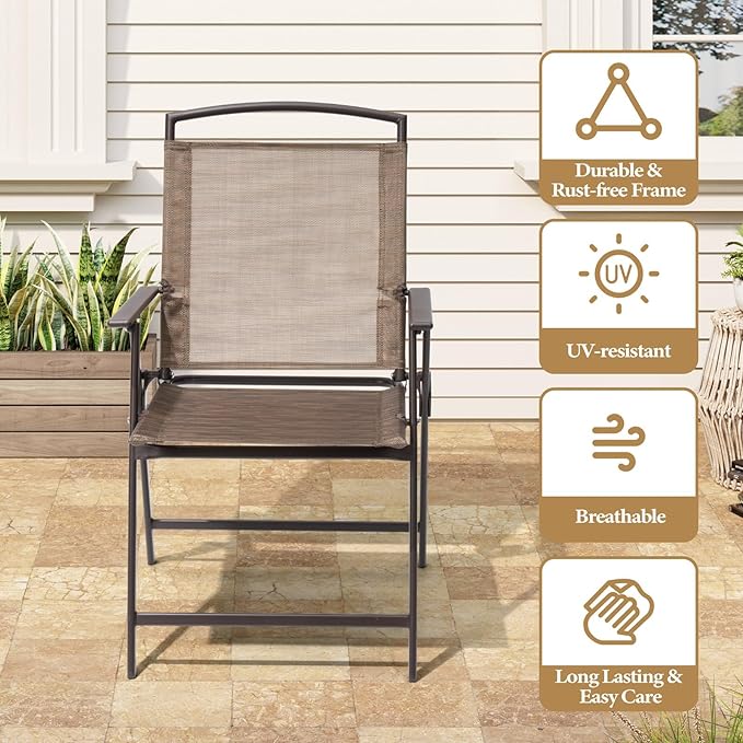 Crestlive Products Patio Folding Chairs Set of 8, Outdoor Folding Chairs with Durable Rust-Resistant Frame and Breathable Textilene Material for Outside, Brown