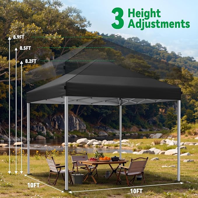 10x10 Pop Up Canopy Tent, Instant Setup Portable Canopy with Carry Bag, 4 Sandbags and 8 Stakes for Outdoor Events, Parties & Camping - Black