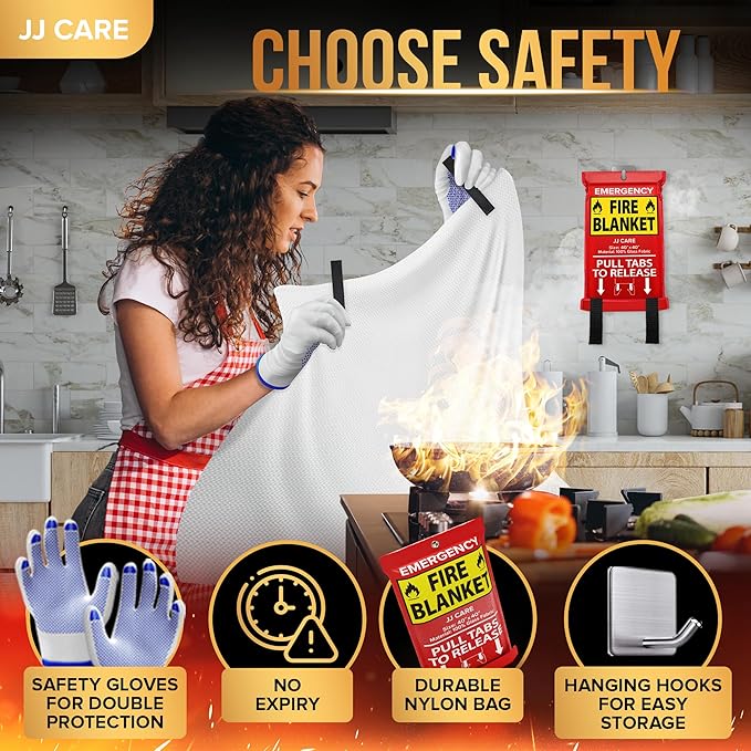 JJ CARE Fire Blanket – 5 Packs with Hooks and Gloves – 40" x 40" Emergency Fire Blanket for Home & Kitchen, High Heat Resistant Fire Suppression Blankets for Home Safety, Kitchen, and Camping