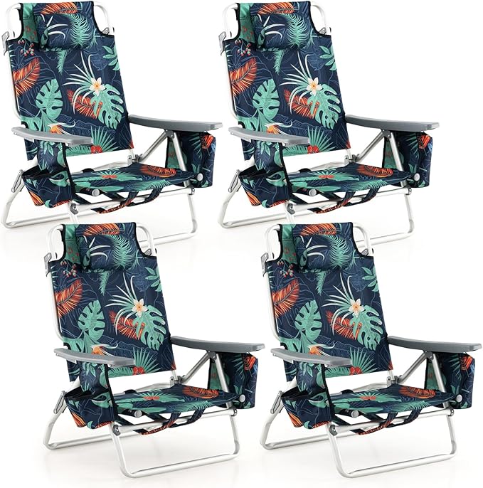 GYMAX Beach Chairs, Backpack Camping Chair with Armrest, Cooler Bag, Cup Holder, Towel Bar & Side Pockets, Sunbath Sling Tanning Lounge, Folding Layout Chair (4 Chairs Without Table, Flower)