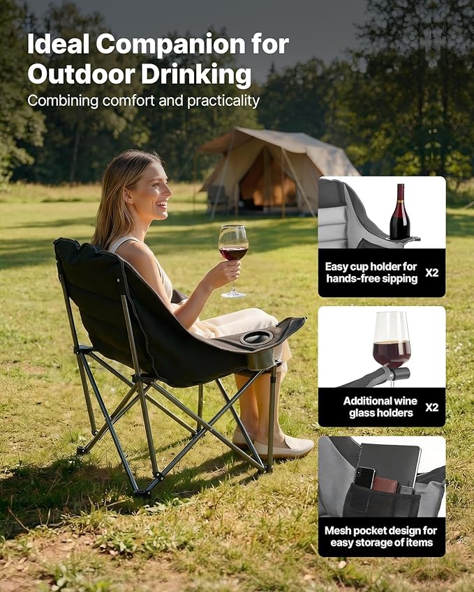 VEVOR Oversized Camping Chairs, 450 lbs Heavy Duty Support, Portable Padded Folding Camp Chairs with Dual Cup Holders & Wine Glass Holders, Carry Bag for Outdoor, Fishing, Black & Gray, 1 Pack