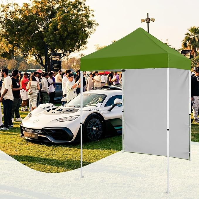 5x5 Pop Up Canopy Tent with One Sidewall, Instant Portable Beach Canopy, Outdoor Tent with Carry Bag for Camping, Sports, Tailgating, Events, Grass Green