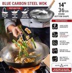 YOSUKATA 14” Round Bottom Carbon Steel Woks and Stir Fry Pans – Unseasoned Pow Wok for Stir Fry, BBQ & Camping – Hand-Hammered Traditional Japanese and Chinese Pan – Gas Stove, Open Fire Only