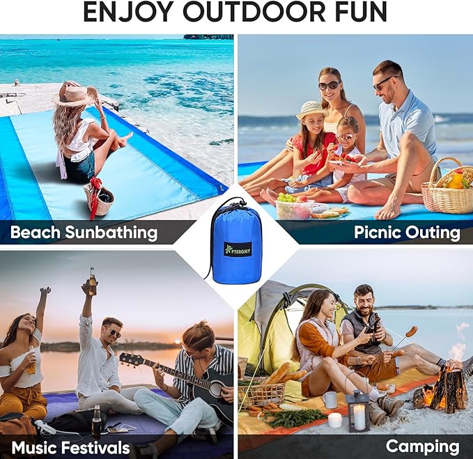 PTEROMY Beach Blanket Waterproof Sandproof, 108" X 120" Extra Large Beach Mat with Storage Bag, Quick Drying Lightweight, 6 Stakes, Accessories for Picnic, Travel (9x10 FT, Blue)