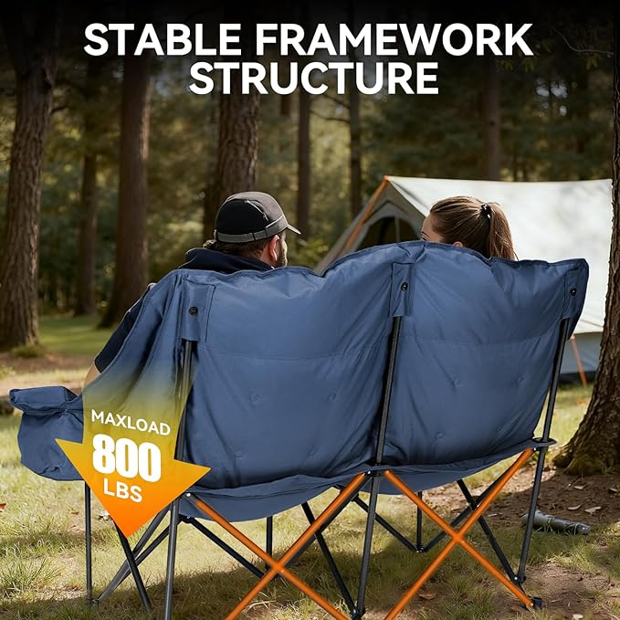 Padded Double Camping Chair High Back Double Seat Camping Chair Oversized Camping Loveseat Support 800LBS Heavy Duty Camping Couch with Cup Holders, Cooler, Carry Bag, Blue