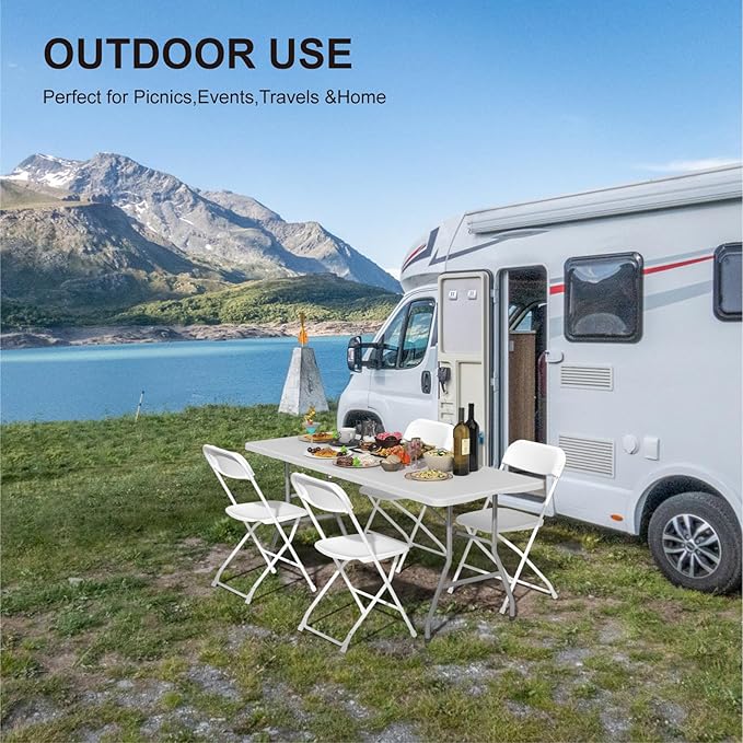 10 Pack Foldable Table 6ft, Plastic Folding Table, Portable Heavy Duty Dining Table with Lock Function & Carrying Handle, Outdoor Indoor Foldable White Table for Camping Party Picnic