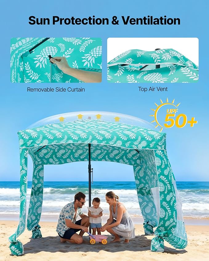 VEVOR Beach Cabana, 6 x 6 ft Beach Canopy with Side Wall, UPF 50+ Protection Easy Setup Cabana Tent with Sand Pockets, Large Portable Shade Sun Shelter, Outdoor Umbrella for Whole Family & Friends