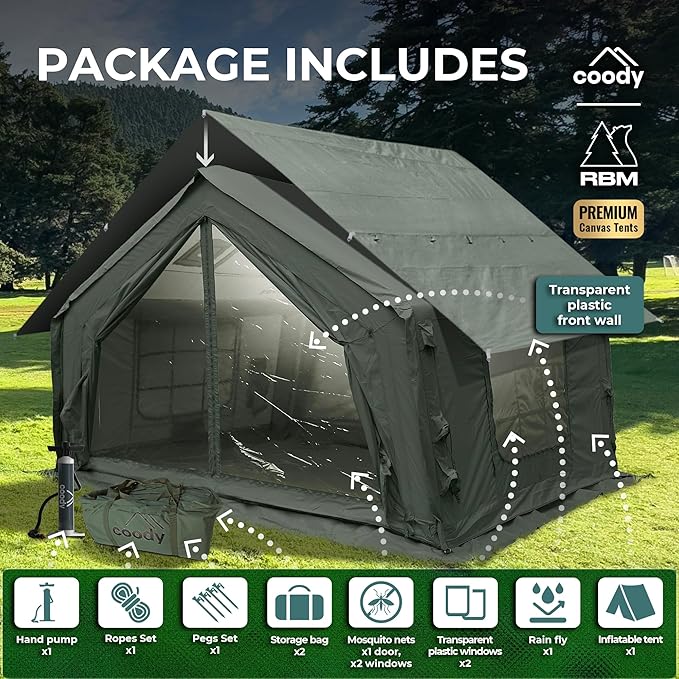 Coody Inflatable Canvas Camping Tents with Stove Jack – Premium Air Beam Family Glamping Tent, Breathable Cotton Canvas, Fast Setup Air Tent with Pump