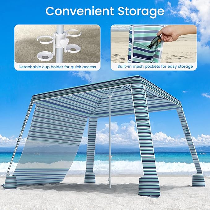 MoKo Beach Cabana, 8'×8' Large Beach Canopy with Side Wall, UPF 50+ Protection Easy Setup Beach Tent Sun Shelter, Adjustable Height Wind Resistant Cabana Beach Tent for Whole Family, Blue-Green Stripe