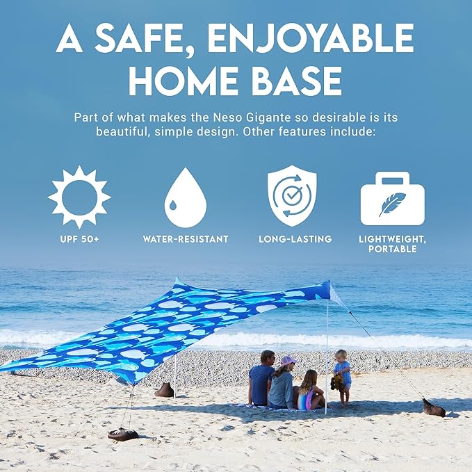 Neso Gigante Portable Beach Tent Sun Shelter - Lightweight Beach Shade Canopy - Easy Setup for Family Outings - Patented Reinforced Corners - UPF 50+ - 8ft Tall, 11 x 11ft - Save The Whales