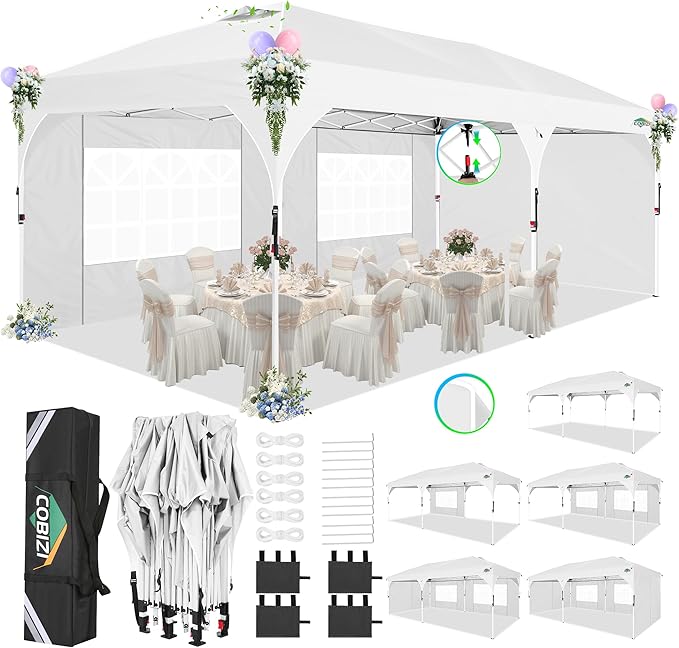 COBIZI 10x20 Pop Up Canopy: Canopy Tent with Patented Center-Lock Tech | Quick-Setup,UV-Reflective & Detachable Walls | 210D Waterproof |3 Height Adjustments for Parties,Weddings,Outdoor Events(White)