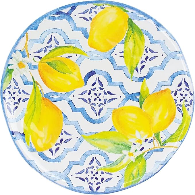 UPware 12 Piece Lovely Lemons Melamine Dinnerware Sets, Outdoor Dishes Set, Plates and Bowls Sets, Service for 4, Blue, Yellow