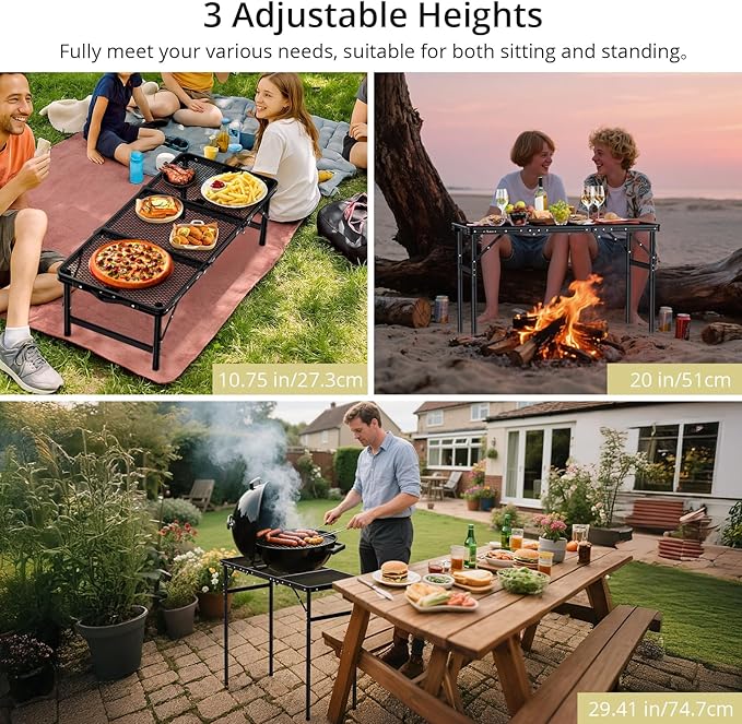Anbte 3ft Tri-fold Grill Table, 2 Adjustable Heights Max 29.5" Sturdy Metal Grill Table with Storage Bag, Heat-Resistant Tabletop, Portable Handle for Cooking BBQ Outdoor Travel, 35" x 16", Black