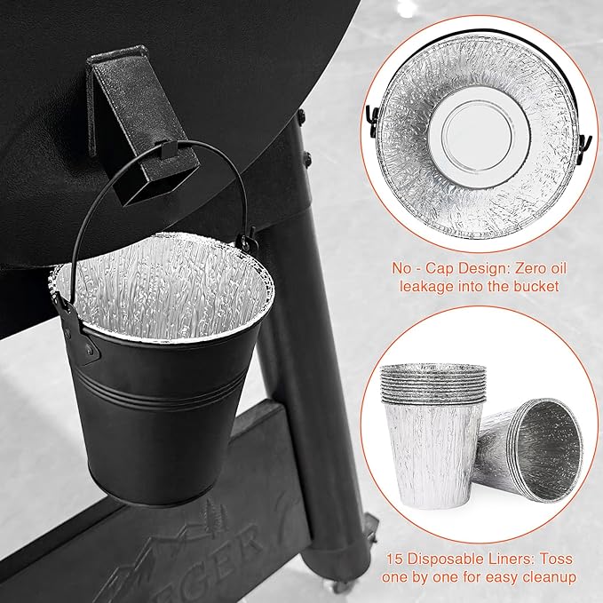 Drip Bucket and 15-Pack Disposable Foil Liners for Oklahoma Joe's, Traeger, Pit-Boss, Z Grill, Camp Chef, Grill Grease Liner Fits Most Offset Smoker, Rec Tec Pellet Grill Bucket, Black