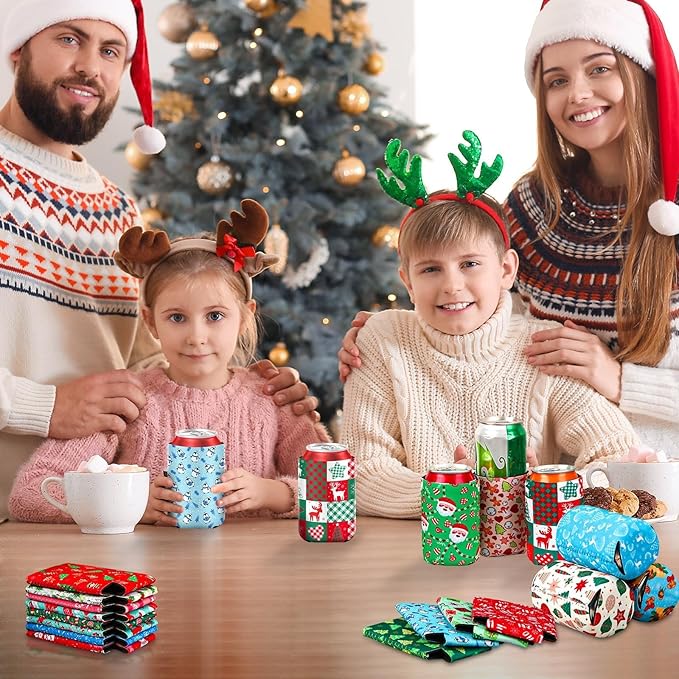 18 pack Christmas Can Cooler Sleeves, Beer Drink Can Beverage Bottle Cooler Sleeves Collapsible for Christmas Holiday Party Gifts Decorations Supplies Favors