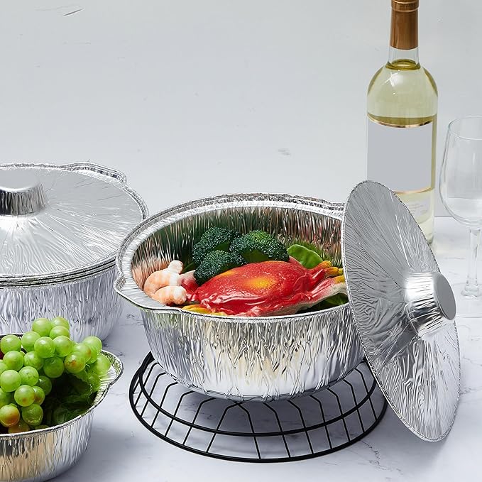 24 Disposable Aluminum Pot with Lid Round Foil Pans Disposable Cookware Food Container for Vacation Trips Camping Baking Heating Cooking (33.8 oz)