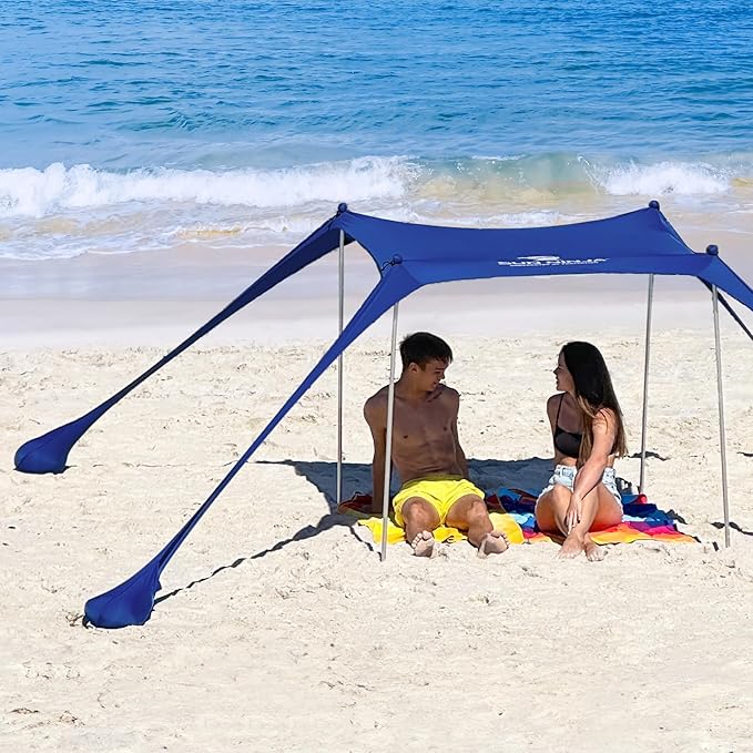 Sun Ninja Beach Tent Sun Shelter UPF50+ - Easy Pop Up Beach Canopy - Outdoor Shade for Camping Trips, Fishing, Backyard Fun Picnics - Sand Shovel, Ground Pegs & Stability Poles