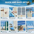 Rhino Valley Beach Cabana, 8 * 8FT Beach Tent UPF50+ Protection, Easy Setup Beach Canopy Wind Resistant with Cup Holder, Compact Beach Shade Foldable Beach Tent Sun Shelter, Blue Four Stripes