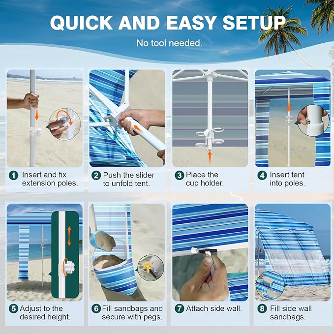 Rhino Valley Beach Cabana, 8 * 8FT Beach Tent UPF50+ Protection, Easy Setup Beach Canopy Wind Resistant with Cup Holder, Compact Beach Shade Foldable Beach Tent Sun Shelter, Blue Four Stripes