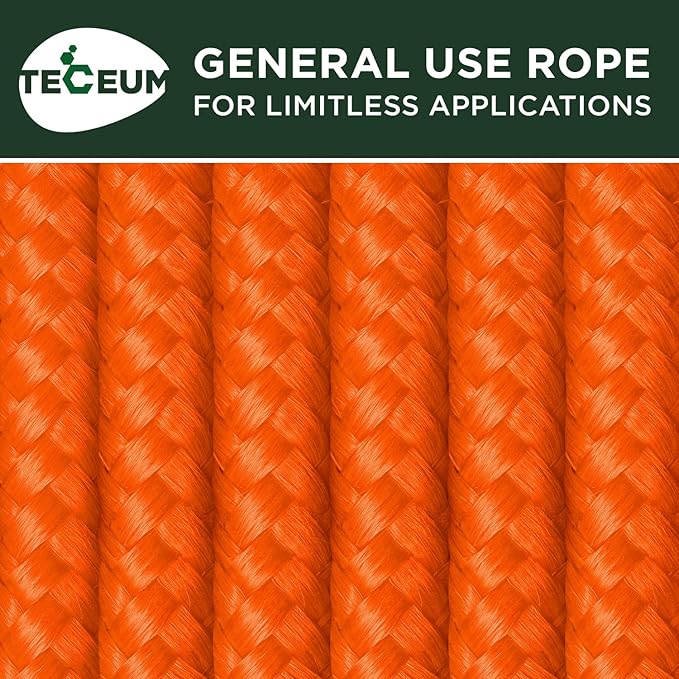 TECEUM Rope – 90 Feet x 3/8 Inch (10mm) – Orange – Strong All-Purpose Utility Rope – Camping, Crafting, Flag Pole, Indoor & Outdoor – Polypropylene Nylon Poly Lightweight Diamond Braided Cord